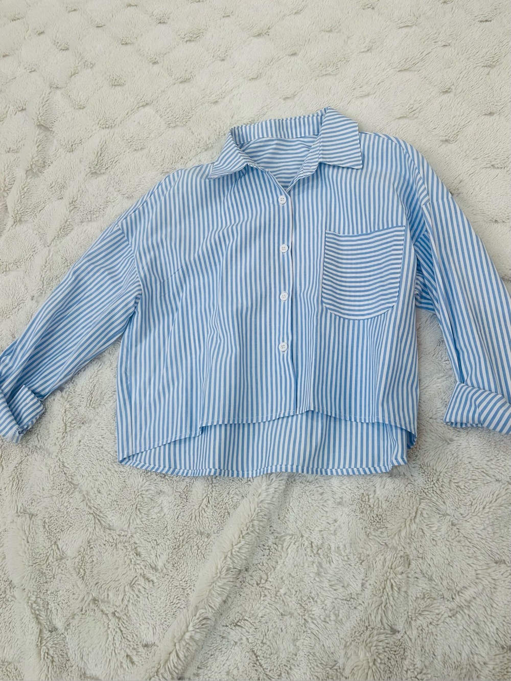 Amazon Light Blue and White Striped Crop Button-Up